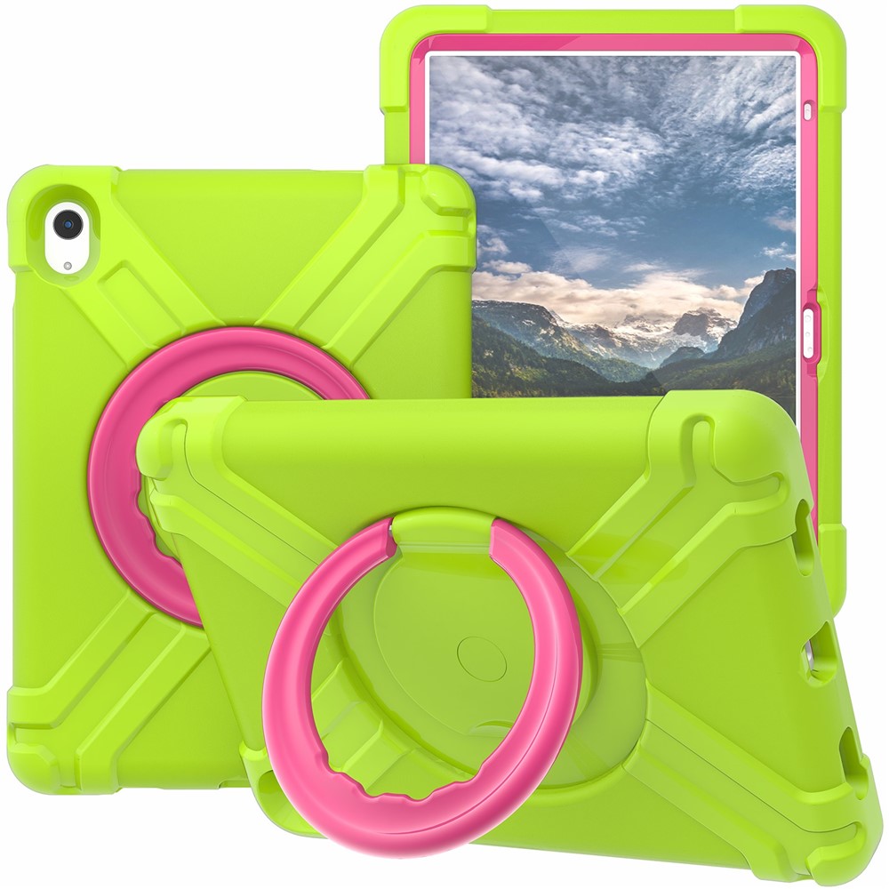 For iPad (2025) / 10.9 (2022) 360-Degree Rotation Kickstand Tablet Cover Military Anti-Drop Protection PC + TPU Case - Grass Green / Rose