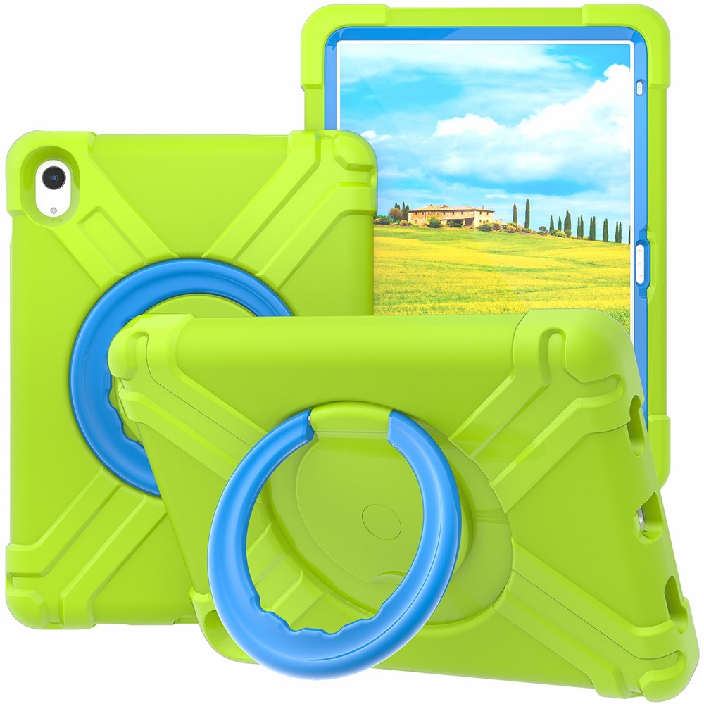 For iPad (2025) / 10.9 (2022) 360-Degree Rotation Kickstand Tablet Cover Military Anti-Drop Protection PC + TPU Case - Grass Green / Blue