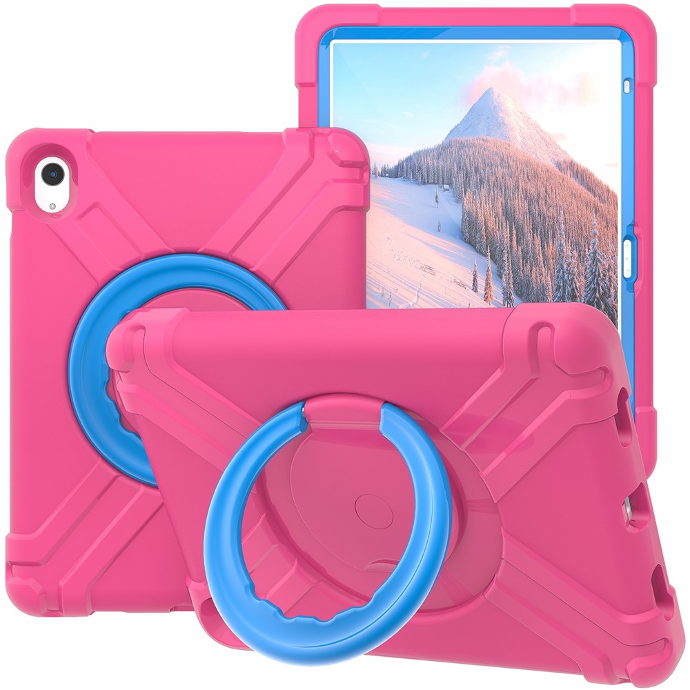 For iPad (2025) / 10.9 (2022) 360-Degree Rotation Kickstand Tablet Cover Military Anti-Drop Protection PC + TPU Case - Rose / Blue