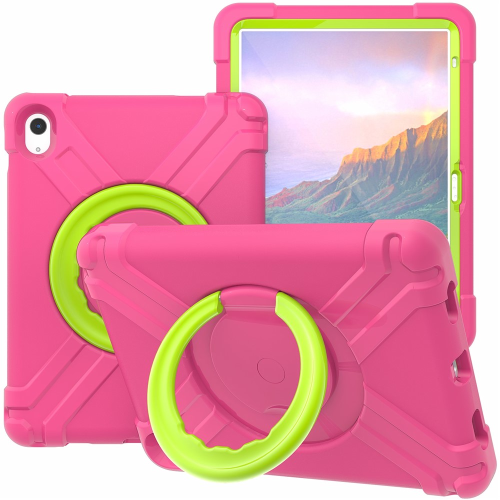 For iPad (2025) / 10.9 (2022) 360-Degree Rotation Kickstand Tablet Cover Military Anti-Drop Protection PC + TPU Case - Rose / Grass Green