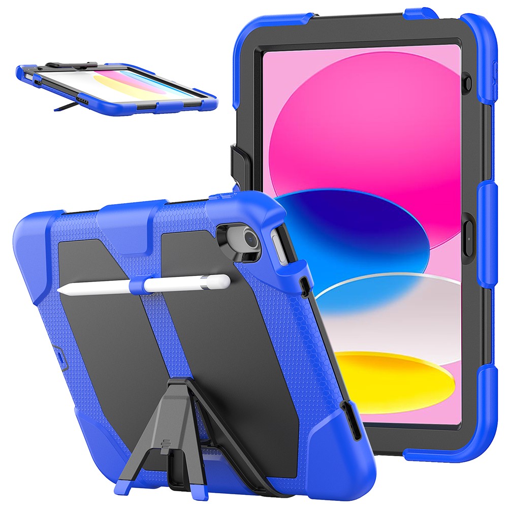 For iPad (2025) / 10.9 (2022) PC + Silicone Case Kickstand Cover Tablet Case with Screen Protector Pen Holder - Dark Blue