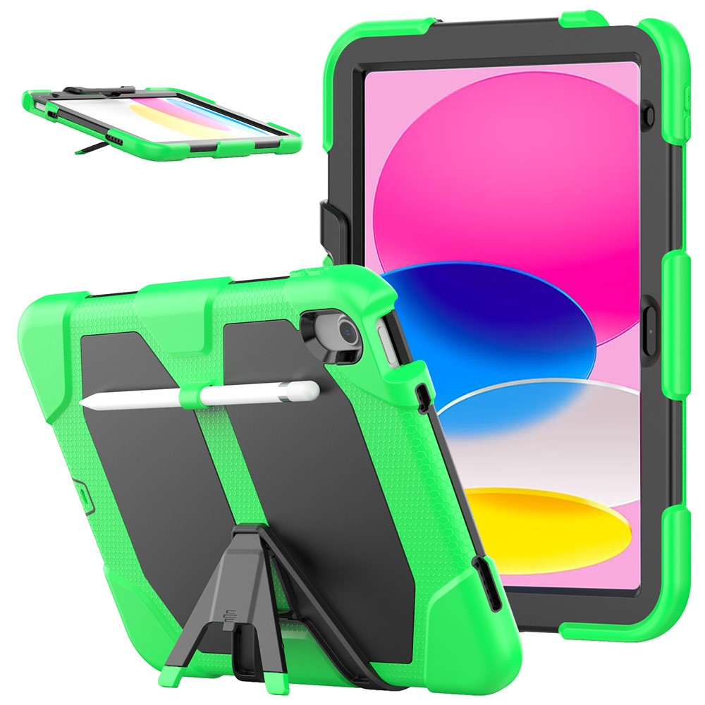 For iPad (2025) / 10.9 (2022) PC + Silicone Case Kickstand Cover Tablet Case with Screen Protector Pen Holder - Green
