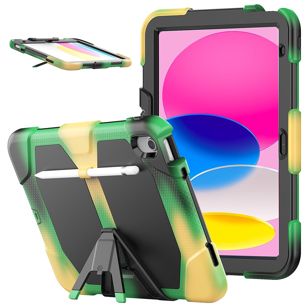 For iPad (2025) / 10.9 (2022) PC + Silicone Case Kickstand Cover Tablet Case with Screen Protector Pen Holder - Camouflage