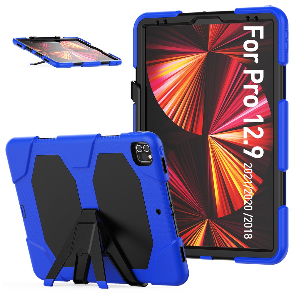 For iPad Pro 12.9 (2022) / (2021) / (2020) / (2018) Protective Case Anti-Fall PC + Silicone Case Scratch-Proof Kickstand Tablet Cover - Dark Blue