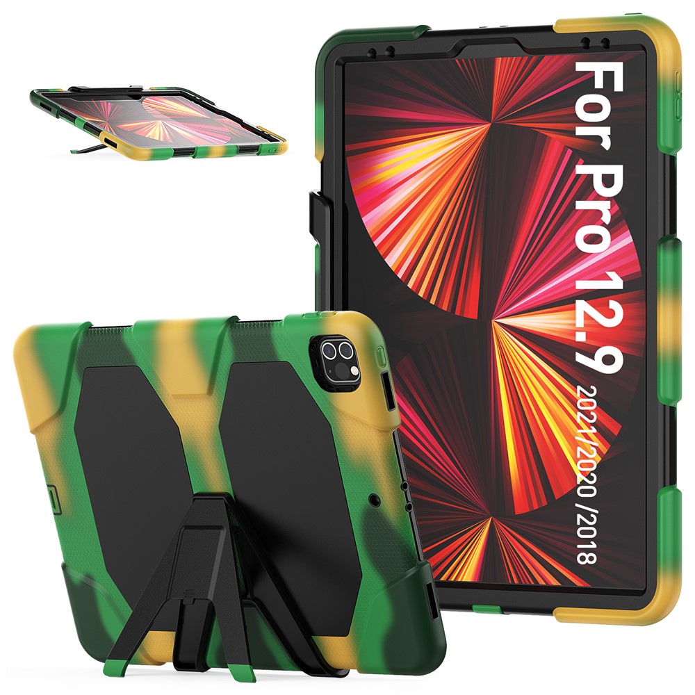 For iPad Pro 12.9 (2022) / (2021) / (2020) / (2018) Protective Case Anti-Fall PC + Silicone Case Scratch-Proof Kickstand Tablet Cover - Camouflage