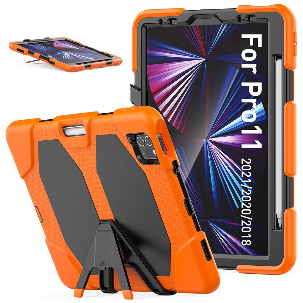For iPad Pro 11 (2022) / (2021) / (2020) / (2018)  /  Air (2022) / (2020) Protective Case Anti-Drop PC + Silicone Case Scratch-Proof Kickstand Tablet Cover - Orange