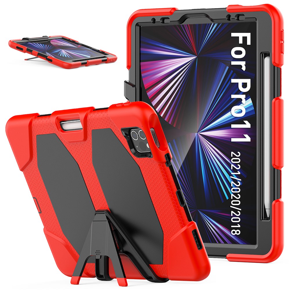 For iPad Pro 11 (2022) / (2021) / (2020) / (2018)  /  Air (2022) / (2020) Protective Case Anti-Drop PC + Silicone Case Scratch-Proof Kickstand Tablet Cover - Red
