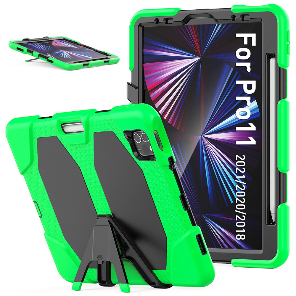 For iPad Pro 11 (2022) / (2021) / (2020) / (2018)  /  Air (2022) / (2020) Protective Case Anti-Drop PC + Silicone Case Scratch-Proof Kickstand Tablet Cover - Green