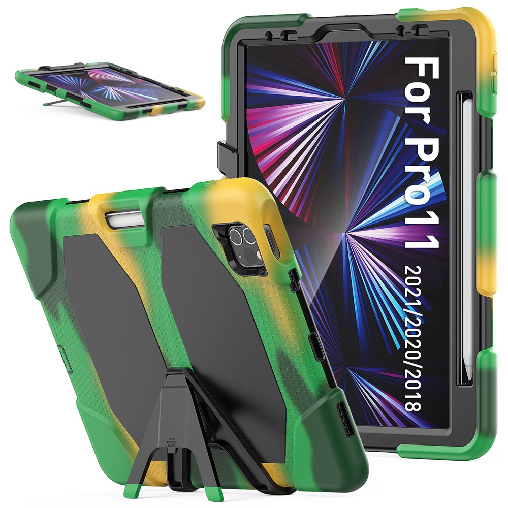 For iPad Pro 11 (2022) / (2021) / (2020) / (2018)  /  Air (2022) / (2020) Protective Case Anti-Drop PC + Silicone Case Scratch-Proof Kickstand Tablet Cover - Camouflage