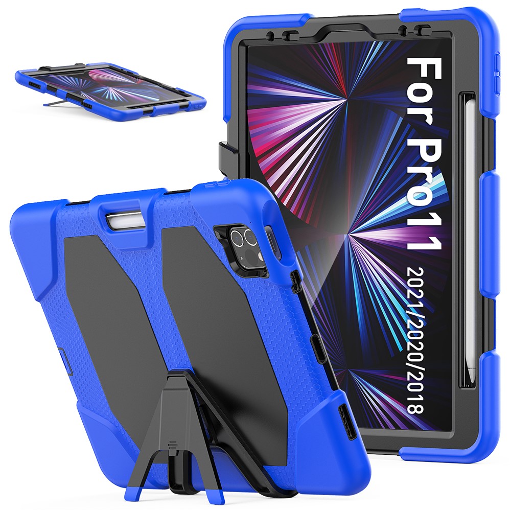 For iPad Pro 11 (2022) / (2021) / (2020) / (2018)  /  Air (2022) / (2020) Protective Case Anti-Drop PC + Silicone Case Scratch-Proof Kickstand Tablet Cover - Dark Blue