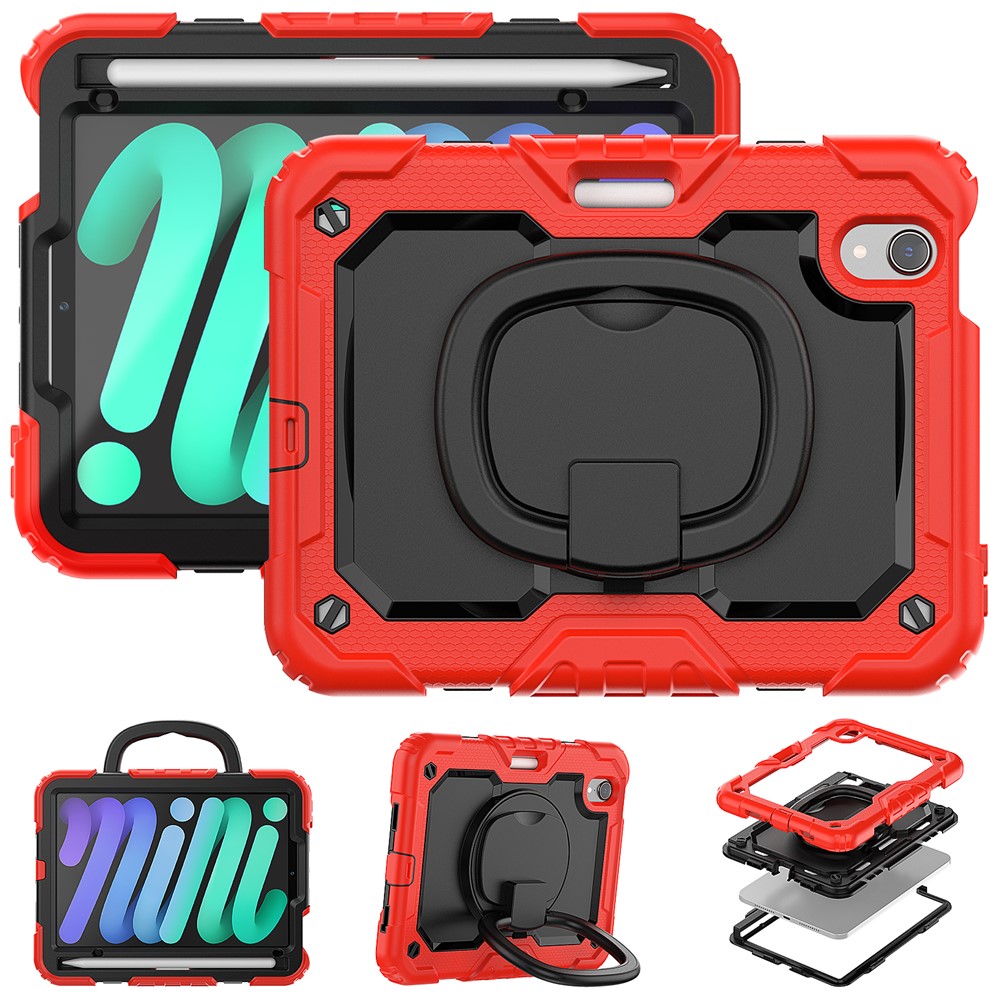Drop-Proof Case for iPad mini (2024) / mini (2021) Anti-Scratch Tablet Case PC + Silicone Shockproof Cover 360-Degree Rotating Kickstand Case with Shoulder Strap - Red