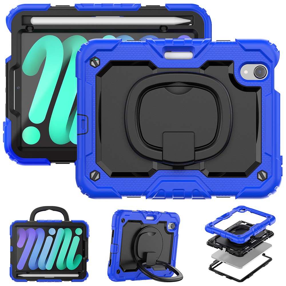 Drop-Proof Case for iPad mini (2024) / mini (2021) Anti-Scratch Tablet Case PC + Silicone Shockproof Cover 360-Degree Rotating Kickstand Case with Shoulder Strap - Dark Blue