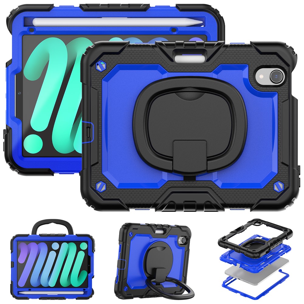 Drop-Proof Case for iPad mini (2024) / mini (2021) Anti-Scratch Tablet Case PC + Silicone Shockproof Cover 360-Degree Rotating Kickstand Case with Shoulder Strap - Black  /  Dark Blue PC