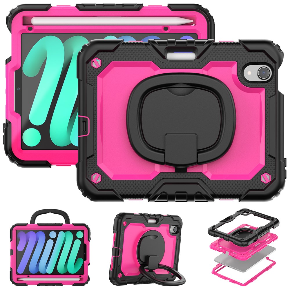 Drop-Proof Case for iPad mini (2024) / mini (2021) Anti-Scratch Tablet Case PC + Silicone Shockproof Cover 360-Degree Rotating Kickstand Case with Shoulder Strap - Black  /  Rose PC