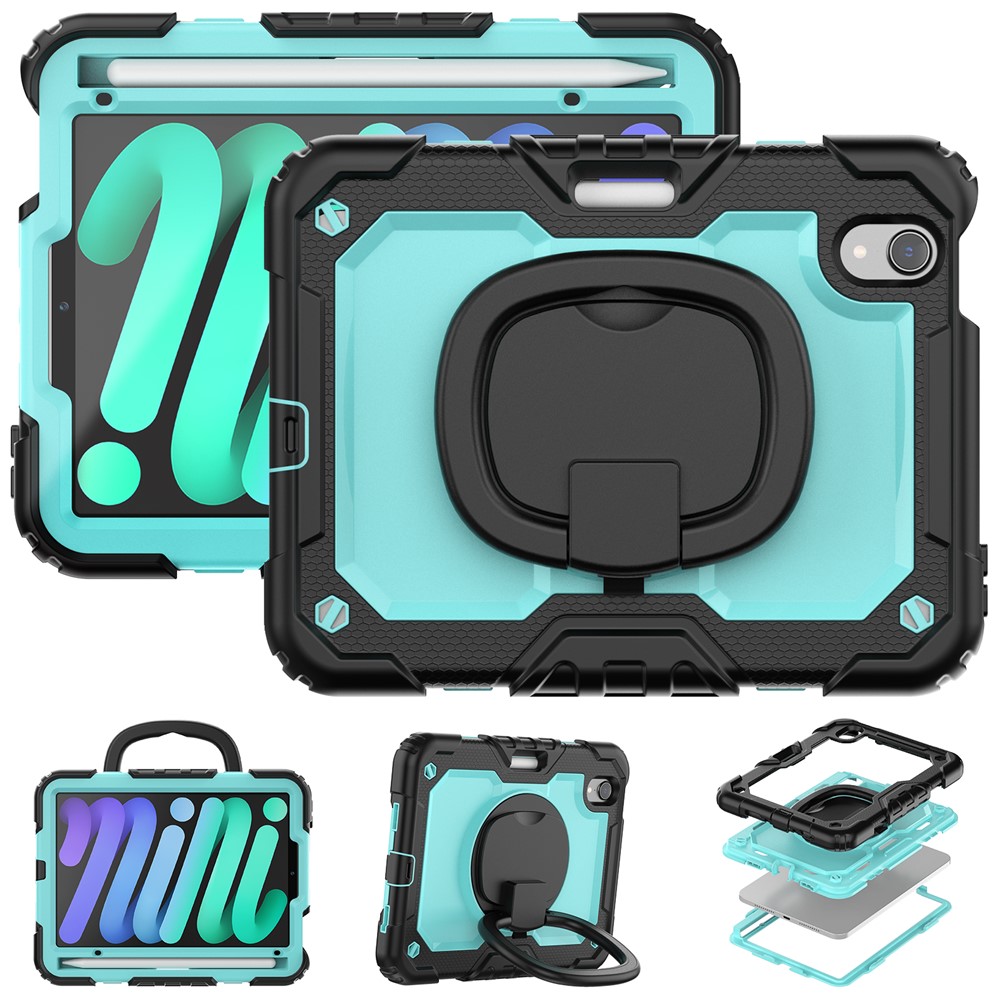 Drop-Proof Case for iPad mini (2024) / mini (2021) Anti-Scratch Tablet Case PC + Silicone Shockproof Cover 360-Degree Rotating Kickstand Case with Shoulder Strap - Black  /  Baby Blue PC