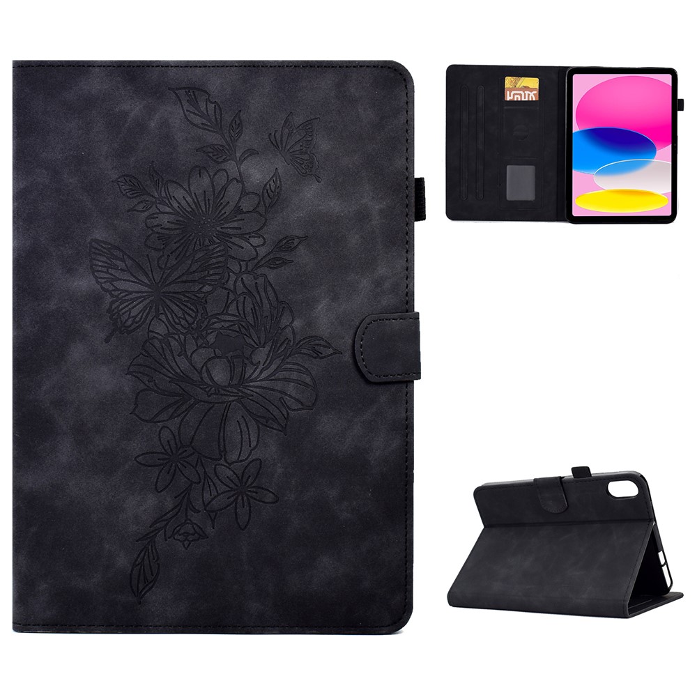 For iPad (2025) / 10.9 (2022) Butterfly Flower Pattern Shockproof Stitching Anti-Drop Tablet Leather Cover with Card Holder, Stand - Black
