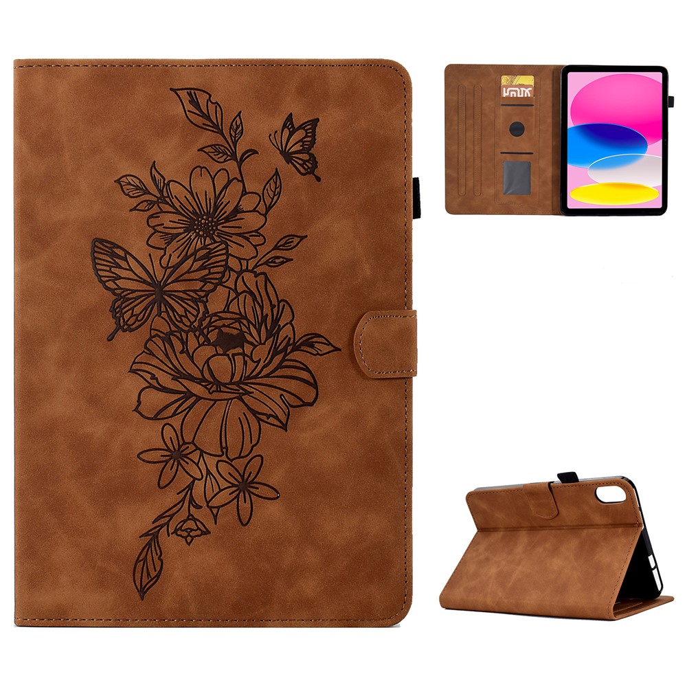 For iPad (2025) / 10.9 (2022) Butterfly Flower Pattern Shockproof Stitching Anti-Drop Tablet Leather Cover with Card Holder, Stand - Brown