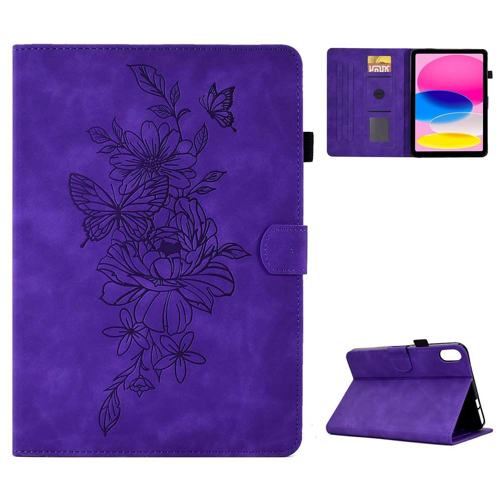 For iPad (2025) / 10.9 (2022) Butterfly Flower Pattern Shockproof Stitching Anti-Drop Tablet Leather Cover with Card Holder, Stand - Purple