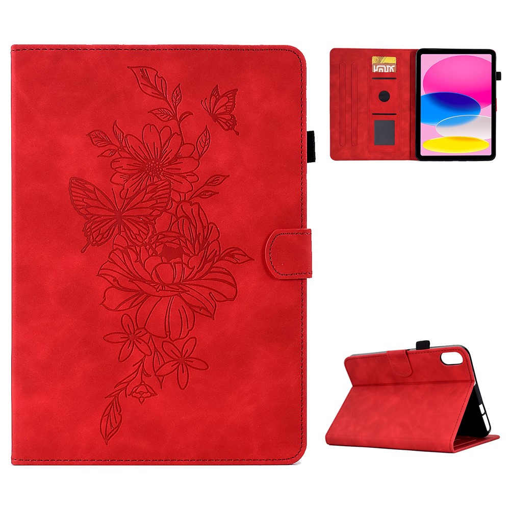 For iPad (2025) / 10.9 (2022) Butterfly Flower Pattern Shockproof Stitching Anti-Drop Tablet Leather Cover with Card Holder, Stand - Red