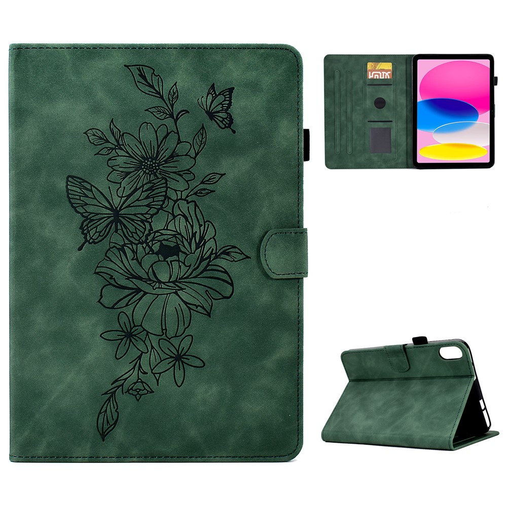 For iPad (2025) / 10.9 (2022) Butterfly Flower Pattern Shockproof Stitching Anti-Drop Tablet Leather Cover with Card Holder, Stand - Green
