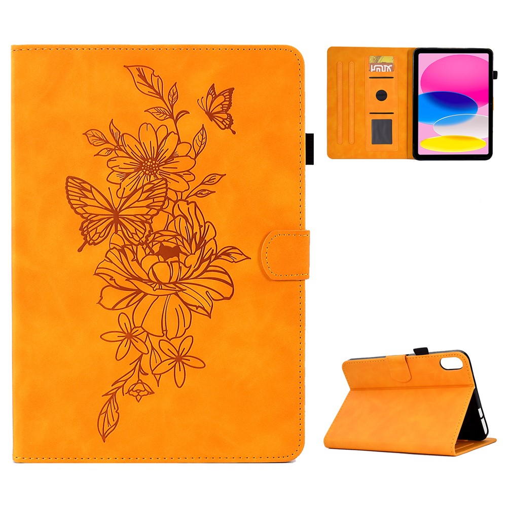 For iPad (2025) / 10.9 (2022) Butterfly Flower Pattern Shockproof Stitching Anti-Drop Tablet Leather Cover with Card Holder, Stand - Khaki