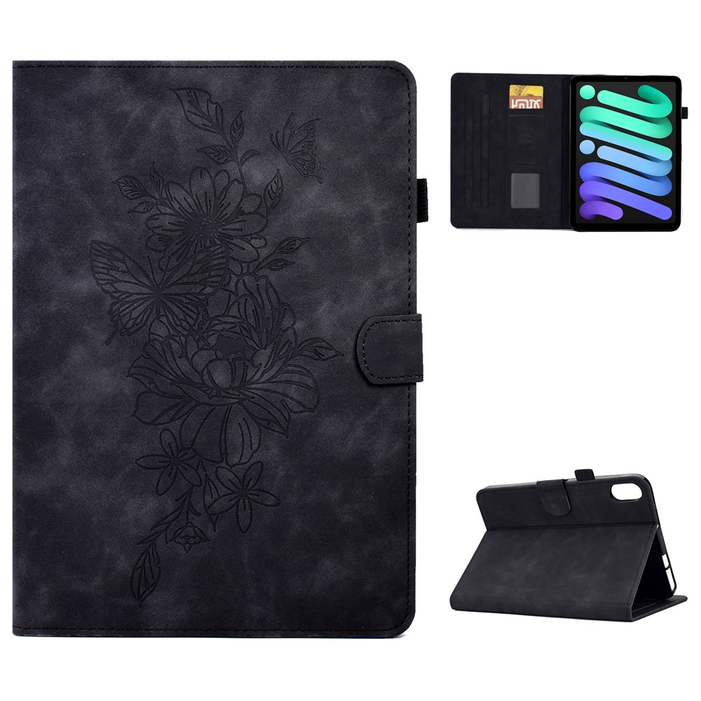 Shockproof Leather Case for iPad mini (2024) / mini (2021) Butterfly Flower Pattern Imprinted Stitching Anti-Scratch Tablet Cover with Card Holder, Stand - Black
