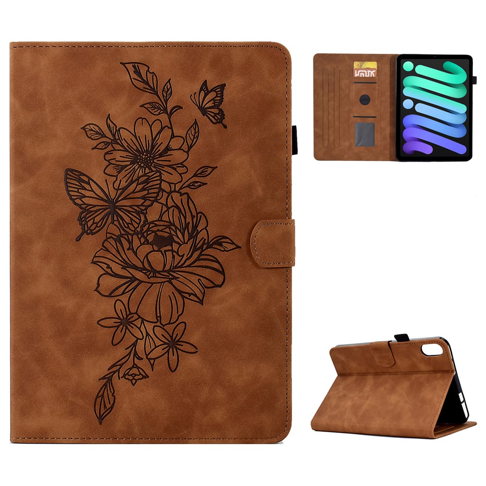 Shockproof Leather Case for iPad mini (2024) / mini (2021) Butterfly Flower Pattern Imprinted Stitching Anti-Scratch Tablet Cover with Card Holder, Stand - Brown
