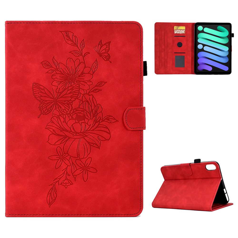 Shockproof Leather Case for iPad mini (2024) / mini (2021) Butterfly Flower Pattern Imprinted Stitching Anti-Scratch Tablet Cover with Card Holder, Stand - Red