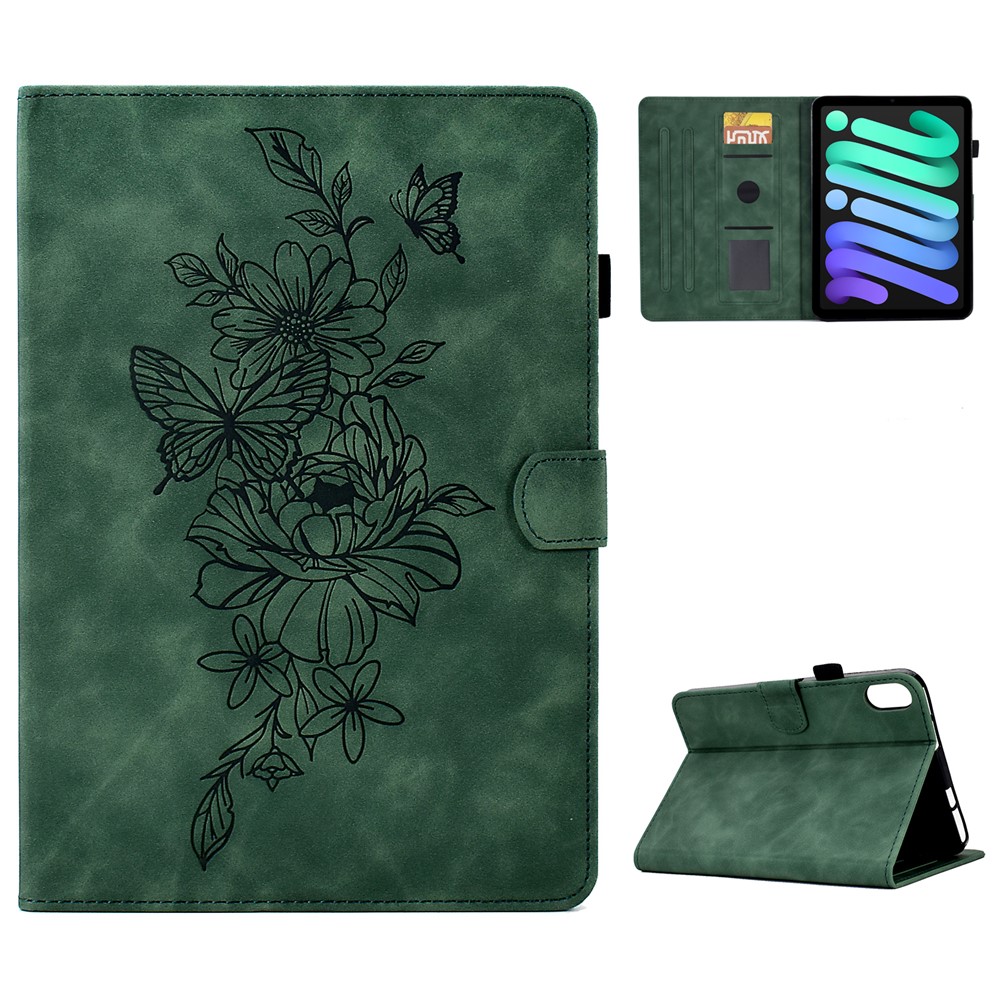 Shockproof Leather Case for iPad mini (2024) / mini (2021) Butterfly Flower Pattern Imprinted Stitching Anti-Scratch Tablet Cover with Card Holder, Stand - Green