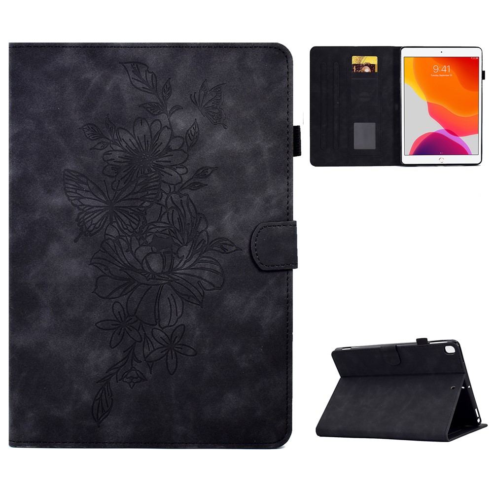 For iPad 10.2 (2019) / (2020)  /  Air 10.5 inch (2019) Protective Leather Case Butterfly Flower Pattern Imprinted Anti-Drop Tablet Cover with Card Holder, Stand - Black