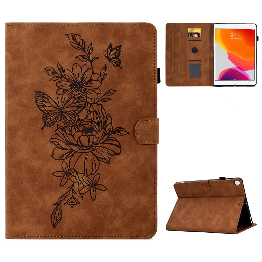 For iPad 10.2 (2019) / (2020)  /  Air 10.5 inch (2019) Protective Leather Case Butterfly Flower Pattern Imprinted Anti-Drop Tablet Cover with Card Holder, Stand - Brown