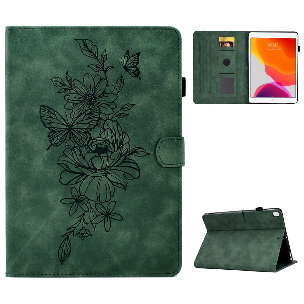 For iPad 10.2 (2019) / (2020)  /  Air 10.5 inch (2019) Protective Leather Case Butterfly Flower Pattern Imprinted Anti-Drop Tablet Cover with Card Holder, Stand - Green