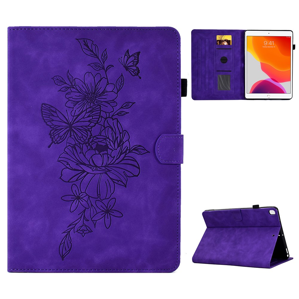 For iPad 10.2 (2019) / (2020)  /  Air 10.5 inch (2019) Protective Leather Case Butterfly Flower Pattern Imprinted Anti-Drop Tablet Cover with Card Holder, Stand - Purple