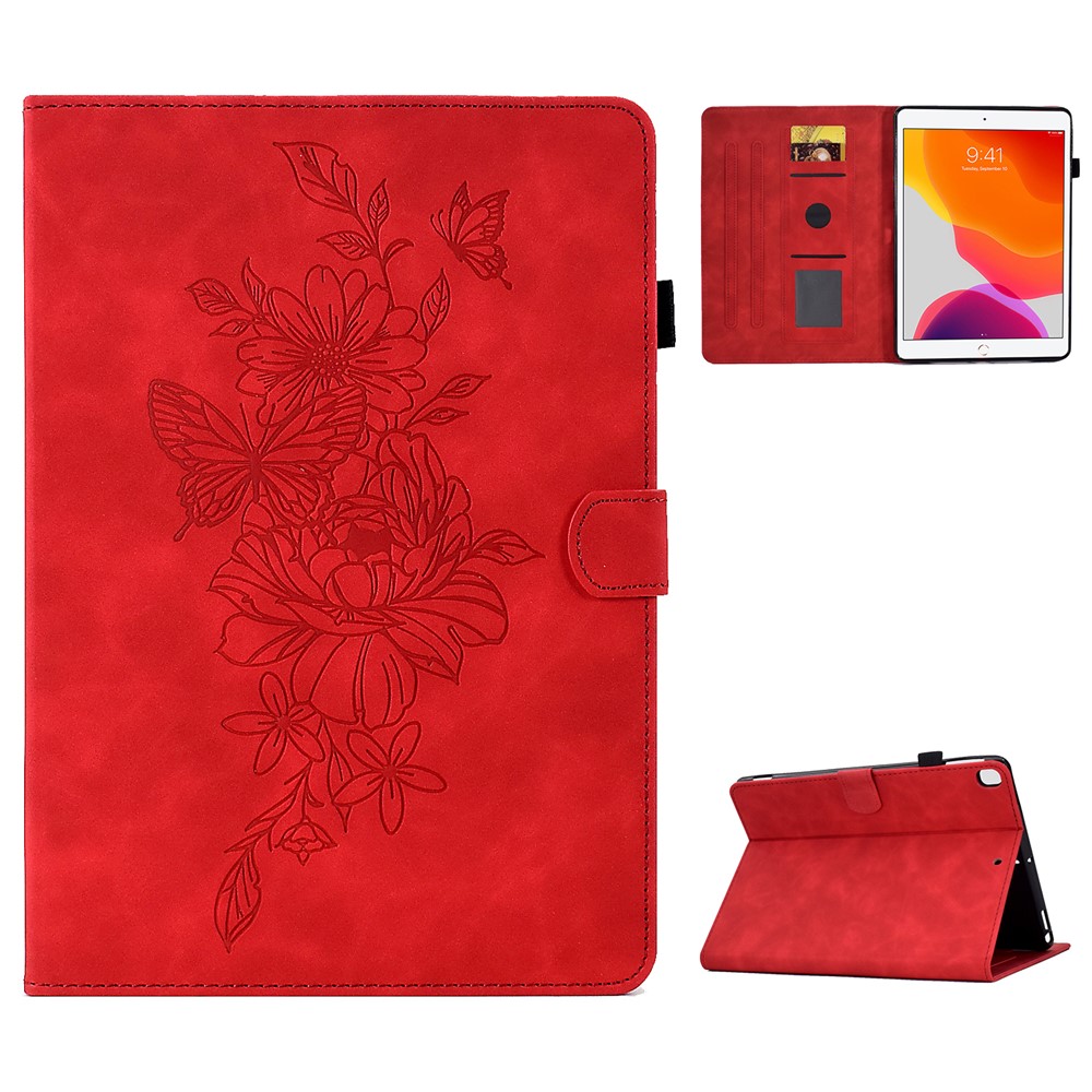 For iPad 10.2 (2019) / (2020)  /  Air 10.5 inch (2019) Protective Leather Case Butterfly Flower Pattern Imprinted Anti-Drop Tablet Cover with Card Holder, Stand - Red