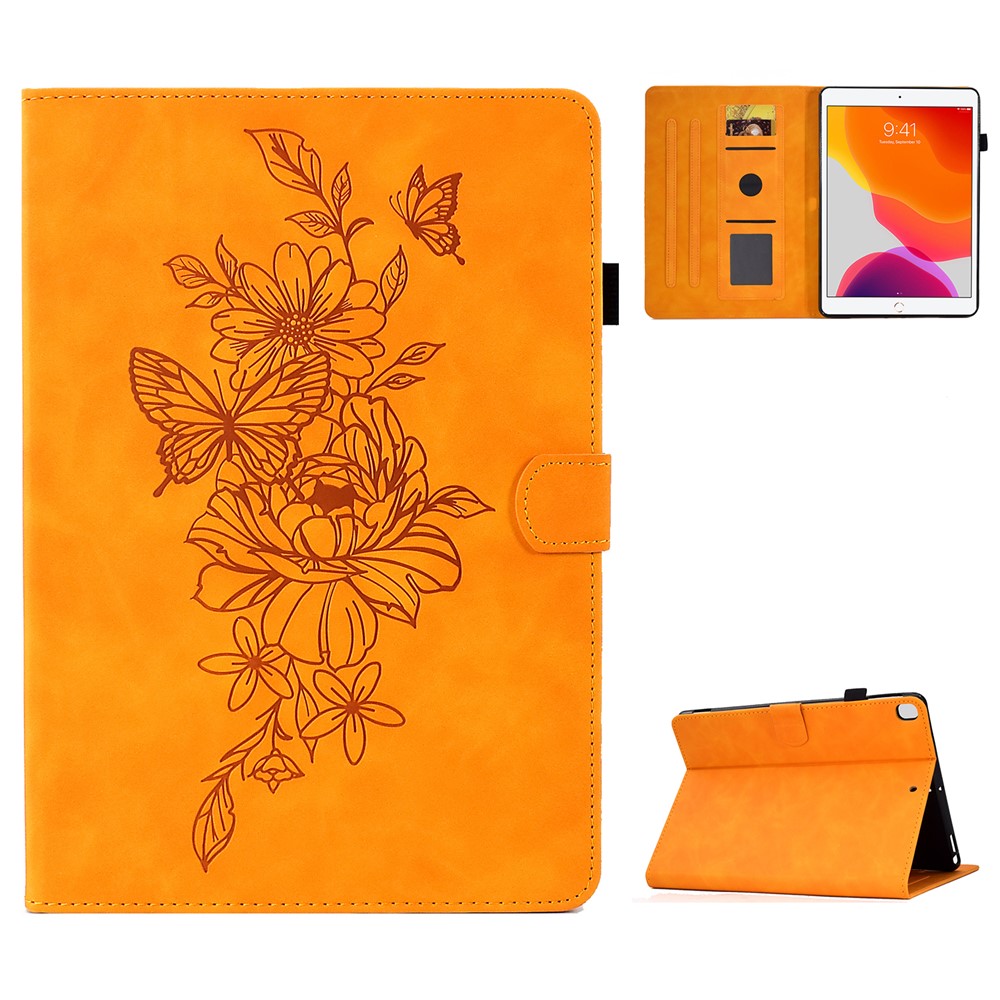 For iPad 10.2 (2019) / (2020)  /  Air 10.5 inch (2019) Protective Leather Case Butterfly Flower Pattern Imprinted Anti-Drop Tablet Cover with Card Holder, Stand - Khaki