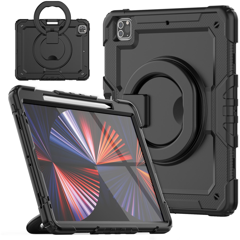 For iPad Pro 12.9 (2018) / (2020) / (2021) / (2022) 360-Degree Rotating Kickstand Tablet Case Anti-drop PC + Silicone Protective Cover with Shoulder Strap - Black