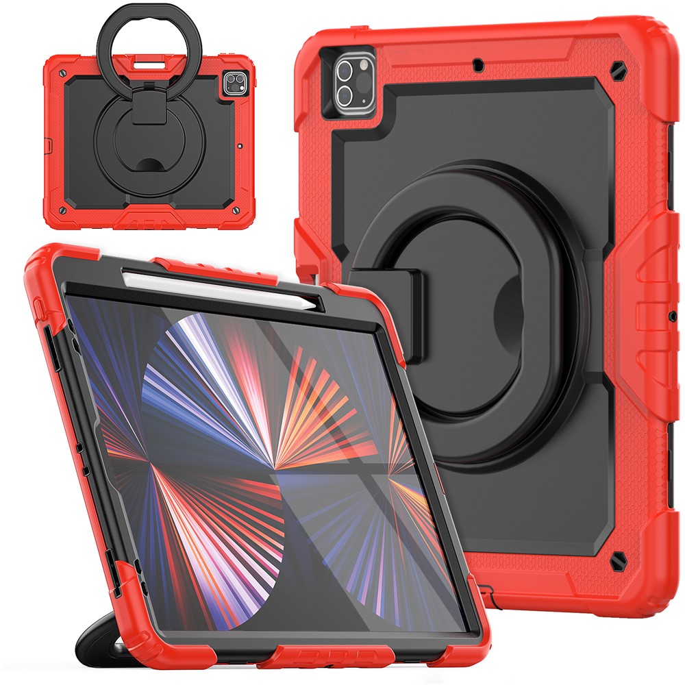 For iPad Pro 12.9 (2018) / (2020) / (2021) / (2022) 360-Degree Rotating Kickstand Tablet Case Anti-drop PC + Silicone Protective Cover with Shoulder Strap - Red