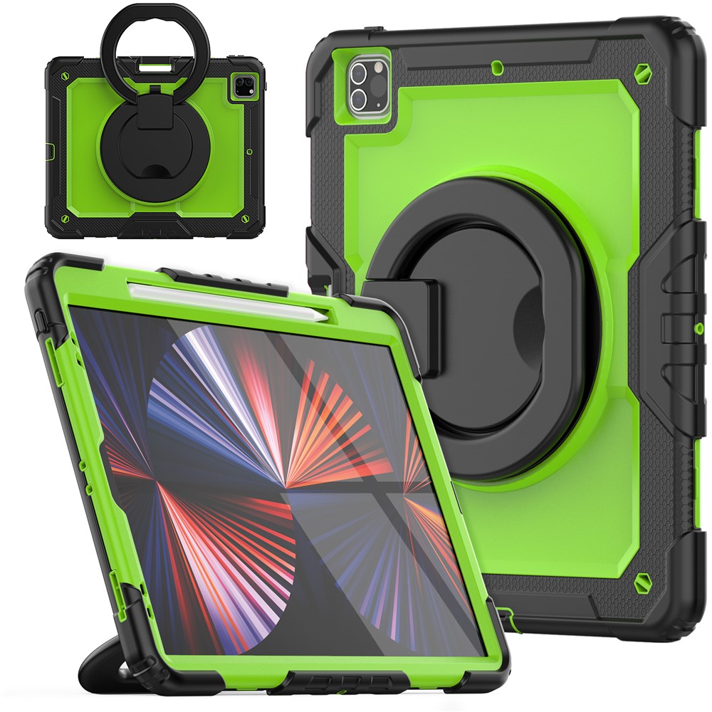 For iPad Pro 12.9 (2018) / (2020) / (2021) / (2022) 360-Degree Rotating Kickstand Tablet Case Anti-drop PC + Silicone Protective Cover with Shoulder Strap - Black  /  Lime PC