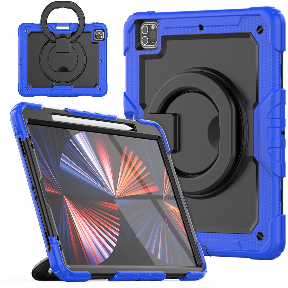 For iPad Pro 12.9 (2018) / (2020) / (2021) / (2022) 360-Degree Rotating Kickstand Tablet Case Anti-drop PC + Silicone Protective Cover with Shoulder Strap - Dark Blue