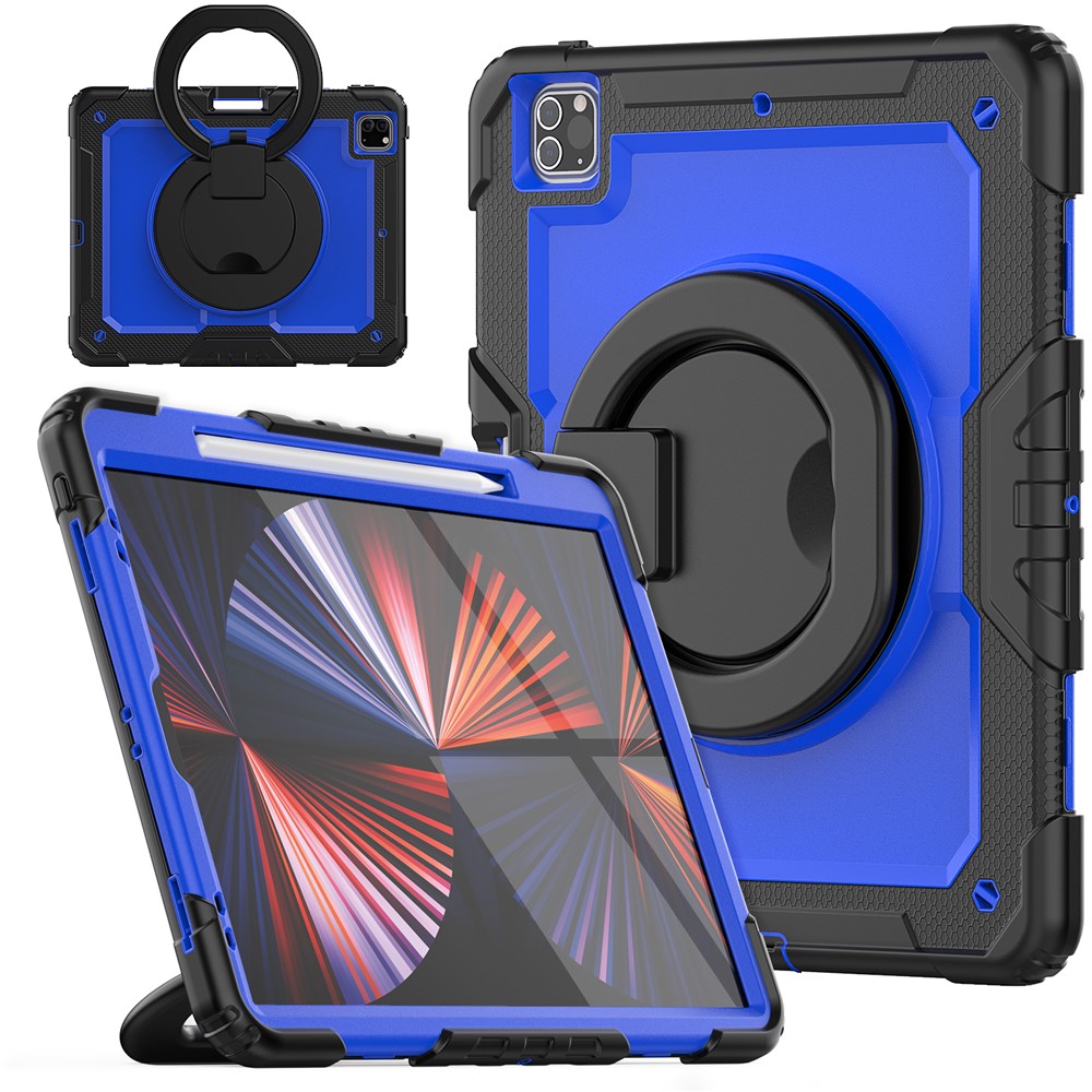 For iPad Pro 12.9 (2018) / (2020) / (2021) / (2022) 360-Degree Rotating Kickstand Tablet Case Anti-drop PC + Silicone Protective Cover with Shoulder Strap - Black  /  Dark Blue PC