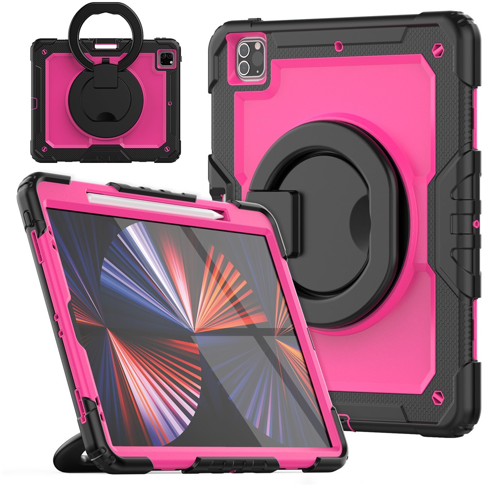 For iPad Pro 12.9 (2018) / (2020) / (2021) / (2022) 360-Degree Rotating Kickstand Tablet Case Anti-drop PC + Silicone Protective Cover with Shoulder Strap - Black  /  Rose PC