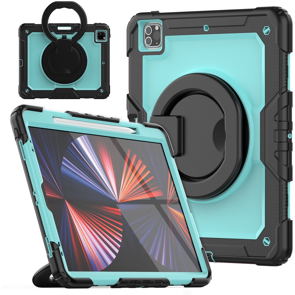 For iPad Pro 12.9 (2018) / (2020) / (2021) / (2022) 360-Degree Rotating Kickstand Tablet Case Anti-drop PC + Silicone Protective Cover with Shoulder Strap - Black  /  Baby Blue PC