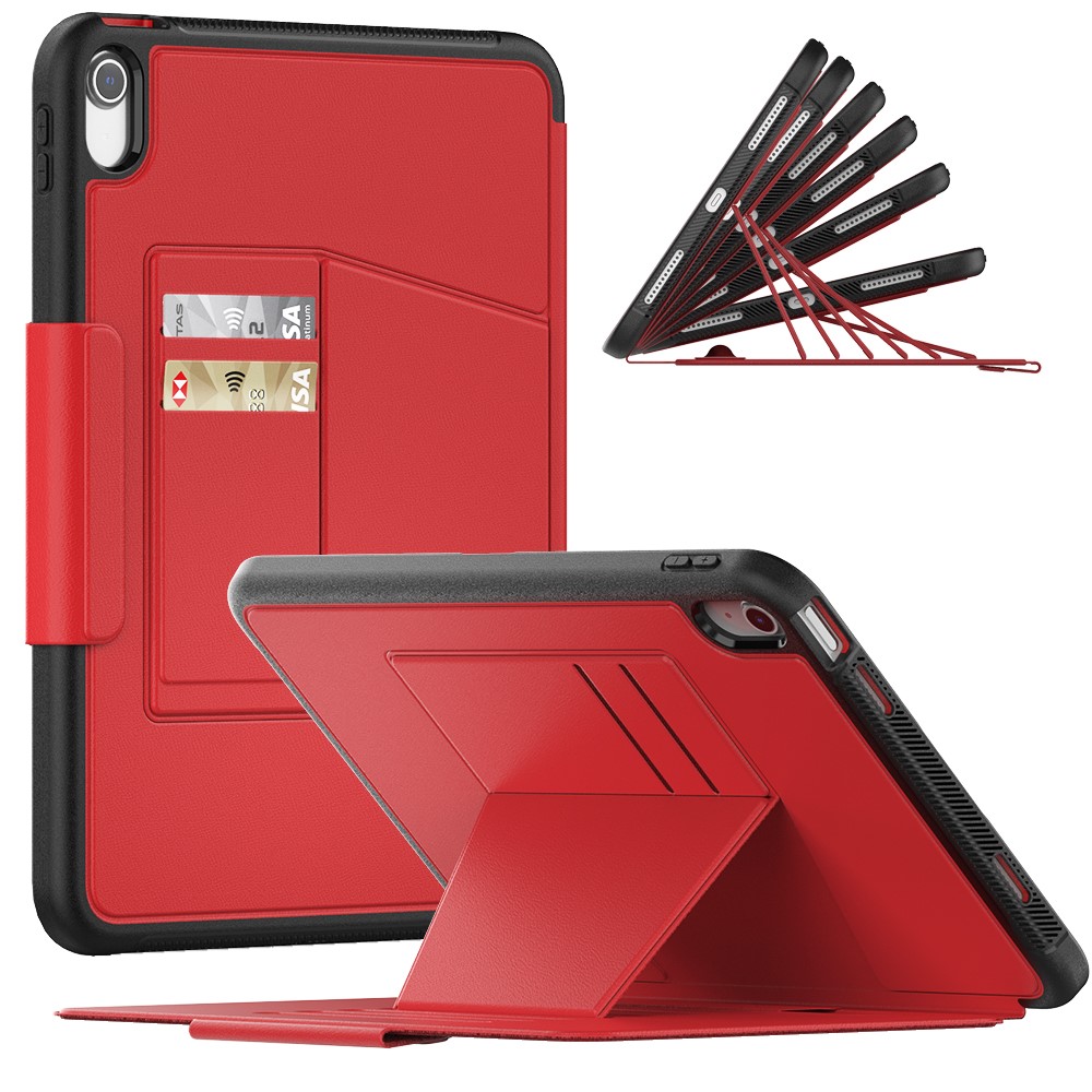 For iPad (2025) / 10.9 (2022) PU Leather Tablet Case Kickstand Card Holder Magnetic Cover with Smart Auto Sleep / Wake - Red