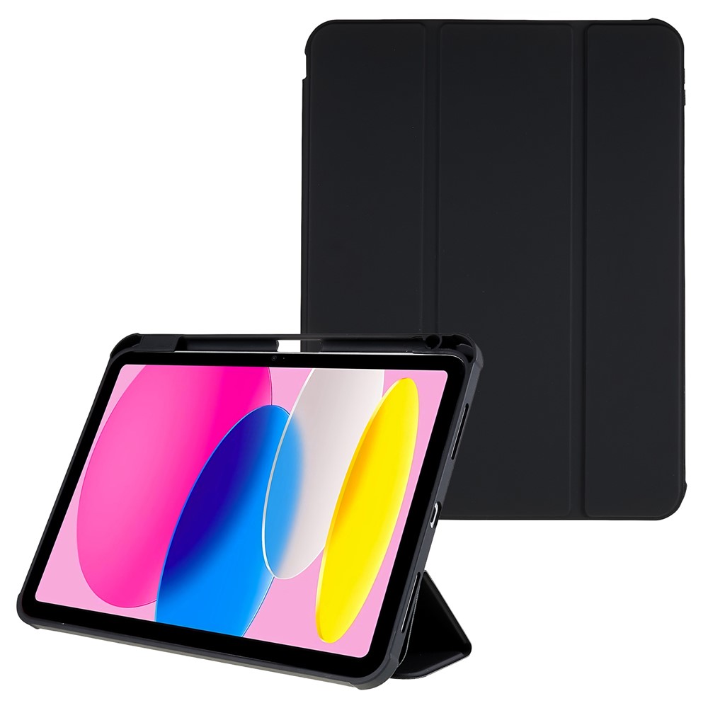 Skin Touch Tri-Fold Stand Tablet Case for iPad (2025) / 10.9 (2022) PU Leather TPU Acrylic Clear Cover - Black
