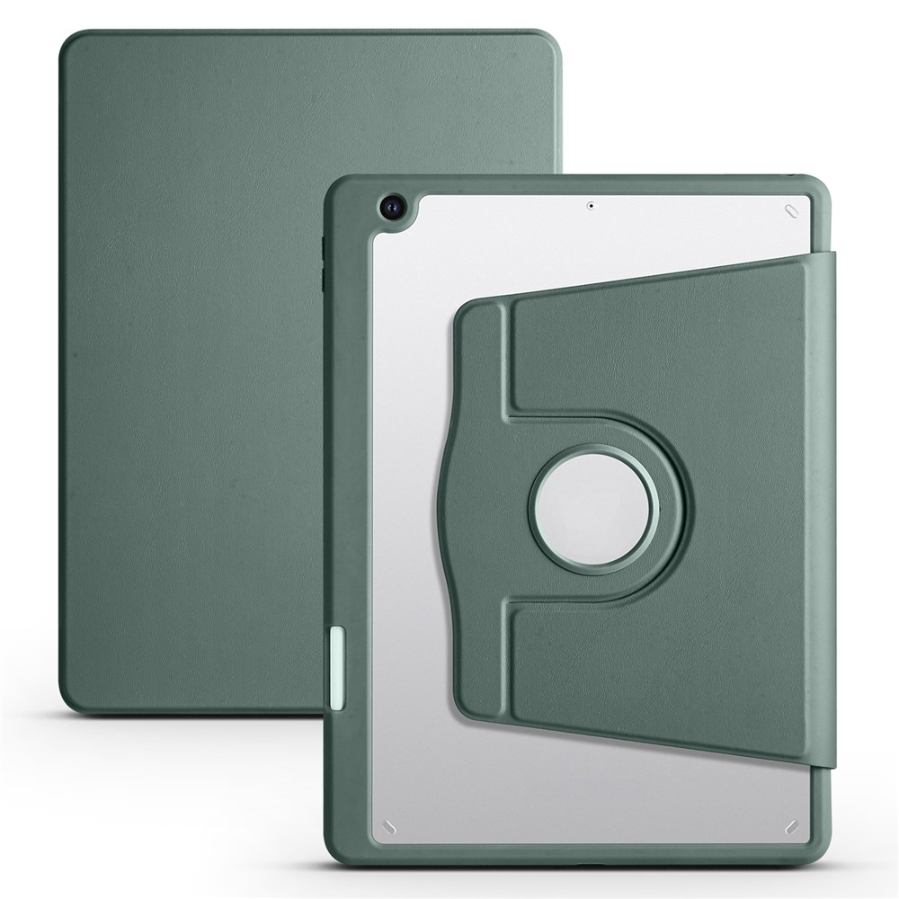 For iPad 10.2 (2021) / (2020) / (2019) Smart Tablet Case PU Leather + Acrylic Rotary Kickstand Cover - Blackish Green