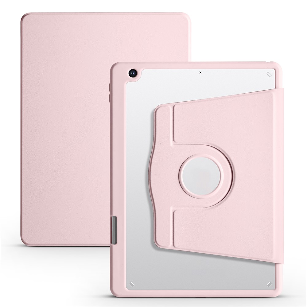 For iPad 10.2 (2021) / (2020) / (2019) Smart Tablet Case PU Leather + Acrylic Rotary Kickstand Cover - Pink