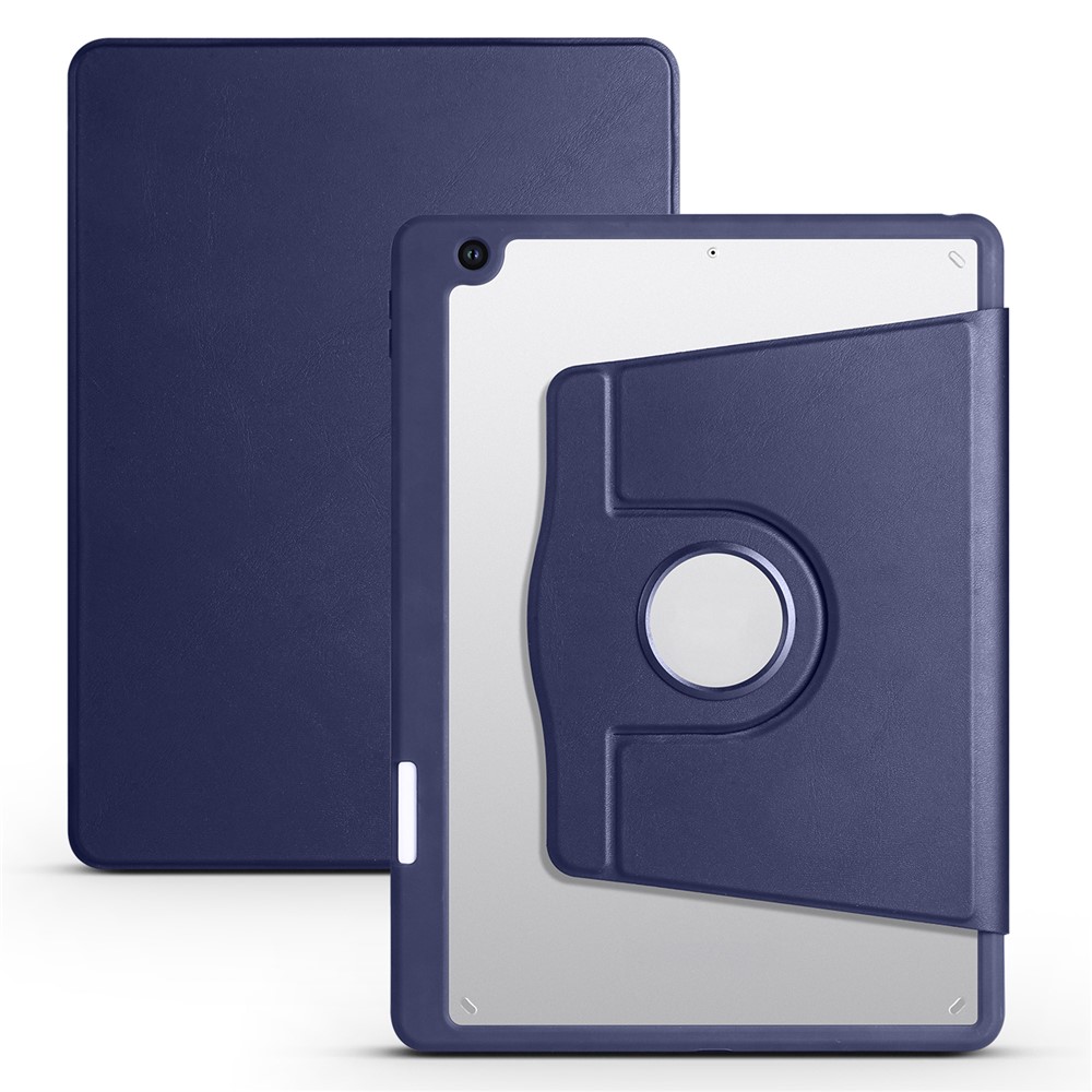 For iPad 10.2 (2021) / (2020) / (2019) Smart Tablet Case PU Leather + Acrylic Rotary Kickstand Cover - Dark Blue