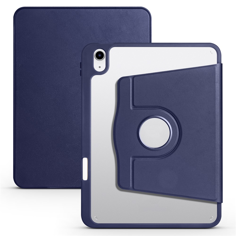 For iPad (2025) / 10.9 (2022) PU Leather + Acrylic Tablet Case Rotary Kickstand Cover with Pen Holder - Dark Blue