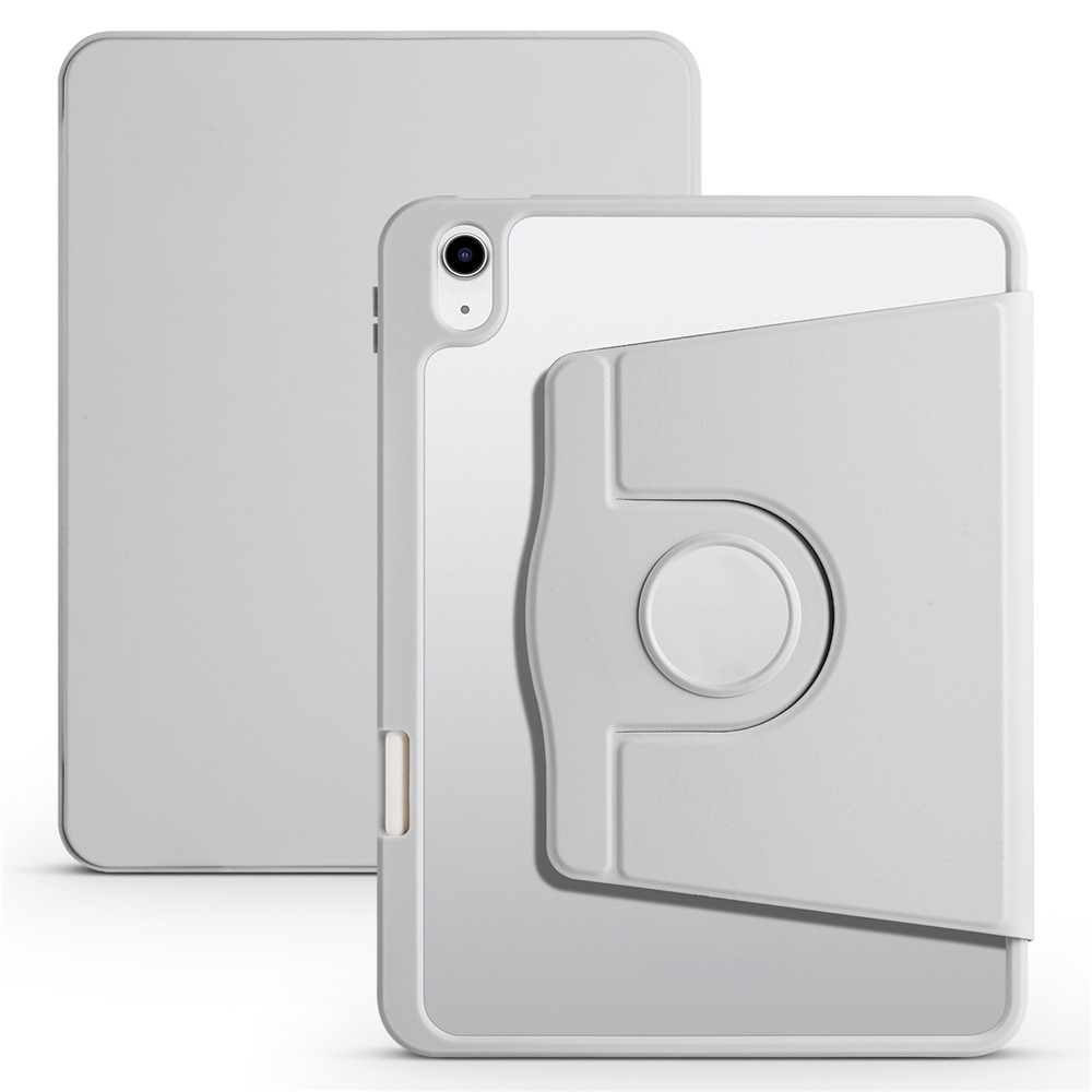 For iPad (2025) / 10.9 (2022) PU Leather + Acrylic Tablet Case Rotary Kickstand Cover with Pen Holder - Grey