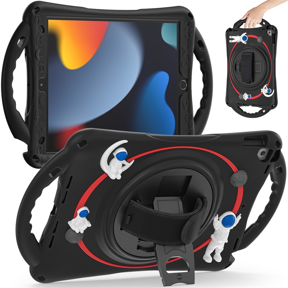 For iPad Pro 10.5-inch (2017) / iPad Air 10.5 inch (2019) / iPad 10.2 (2021) / (2020) / (2019) Kickstand Tablet Case PC+Silicone Astronaut Cute Hand Strap Cover - Black